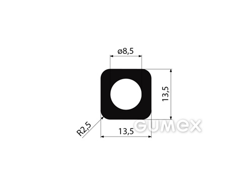 Quadratisches Gummiprofil mit Loch, 13,5x13,5mm, 50°ShA, EPDM, ISO 3302-1 E2, -40°C/+100°C, schwarz, 